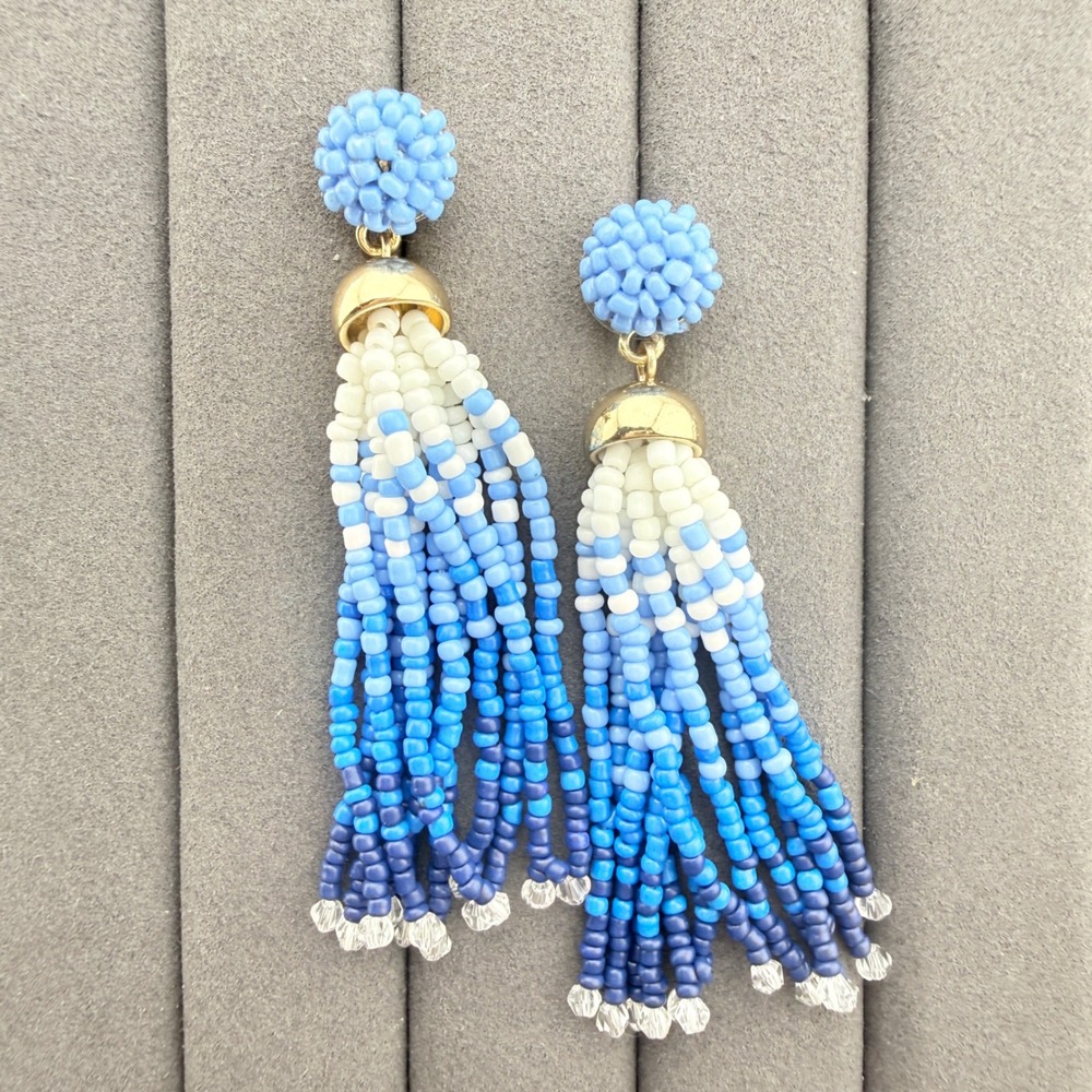J.Crew Ombre Tassel Earrings Blue Seed Bead Dangle Drop Statement Fringe